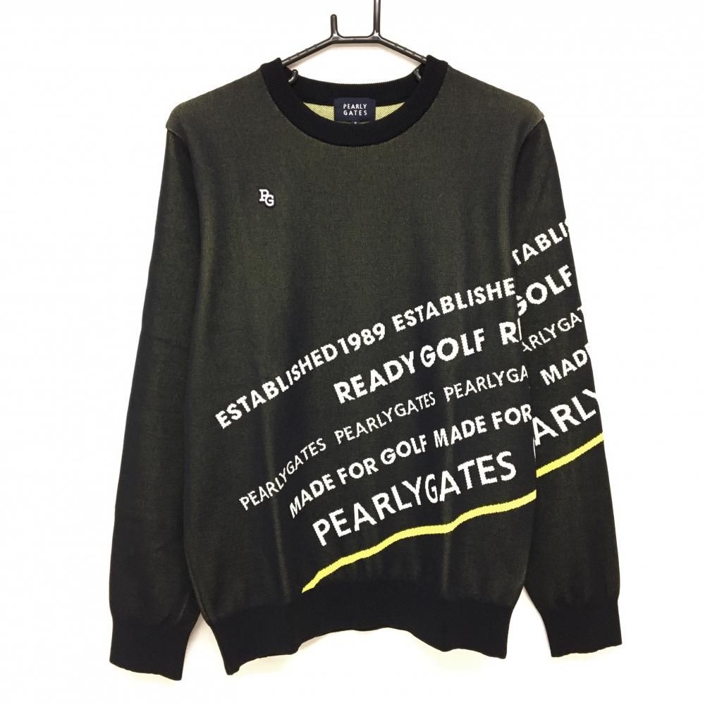 新品】パーリーゲイツ セーター 黒×白×イエロー 腹部・袖ロゴ コットン