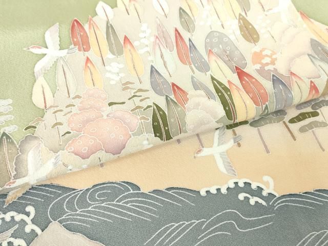 平和屋着物●高級染元　粋峰　林芳夫　京加賀友禅　色留袖　水辺風景樹林文　正絹　逸品　DAAY9628az 平和屋着物○高級染元 粋峰 林芳夫 京加賀友禅 色留袖 水辺風景樹林文