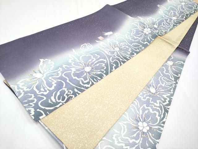 平和屋着物○極上 東京友禅 菅有鬼一 六通柄袋帯 手描き 枝花文 銀通し