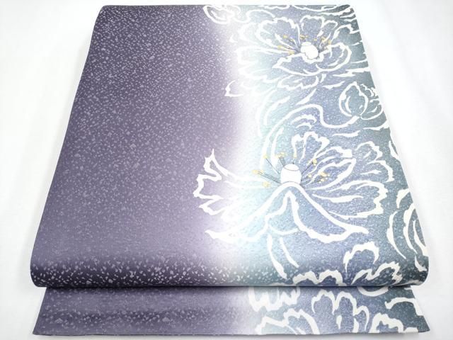 平和屋着物○極上 東京友禅 菅有鬼一 六通柄袋帯 手描き 枝花文 銀通し