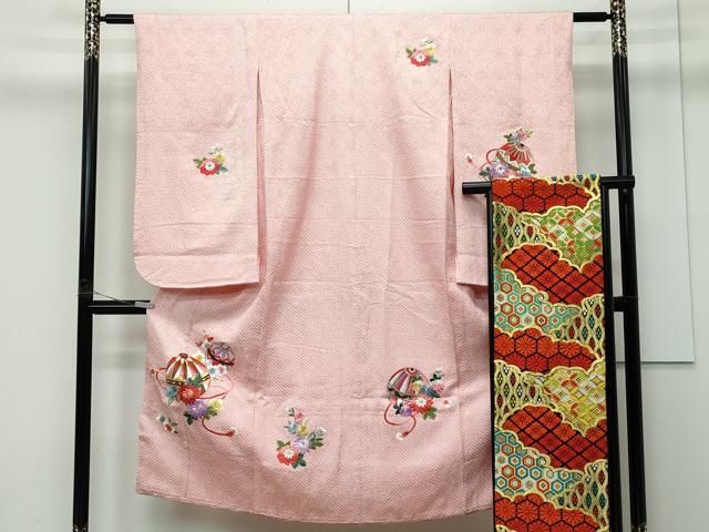 508ag22□七五三 七歳 女児 着物&袋帯&長襦袢 総絞風 毬 花□良好 508ag22□七五三 七歳 女児 着物&袋帯&長襦袢 総絞風 毬 花