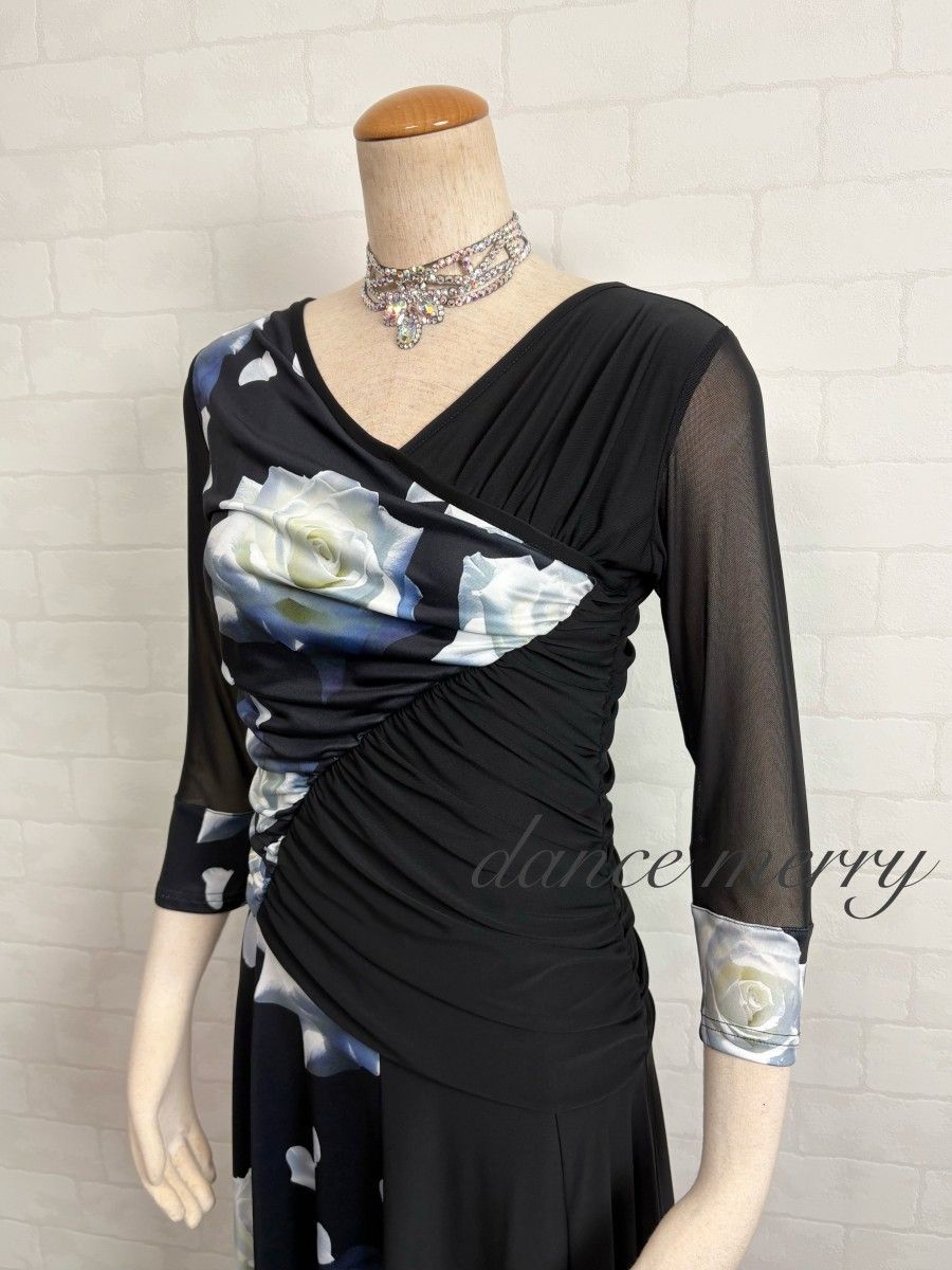 新品 社交ダンス ワンピース 黒 グレー 白 ギャザー パーティ 6582