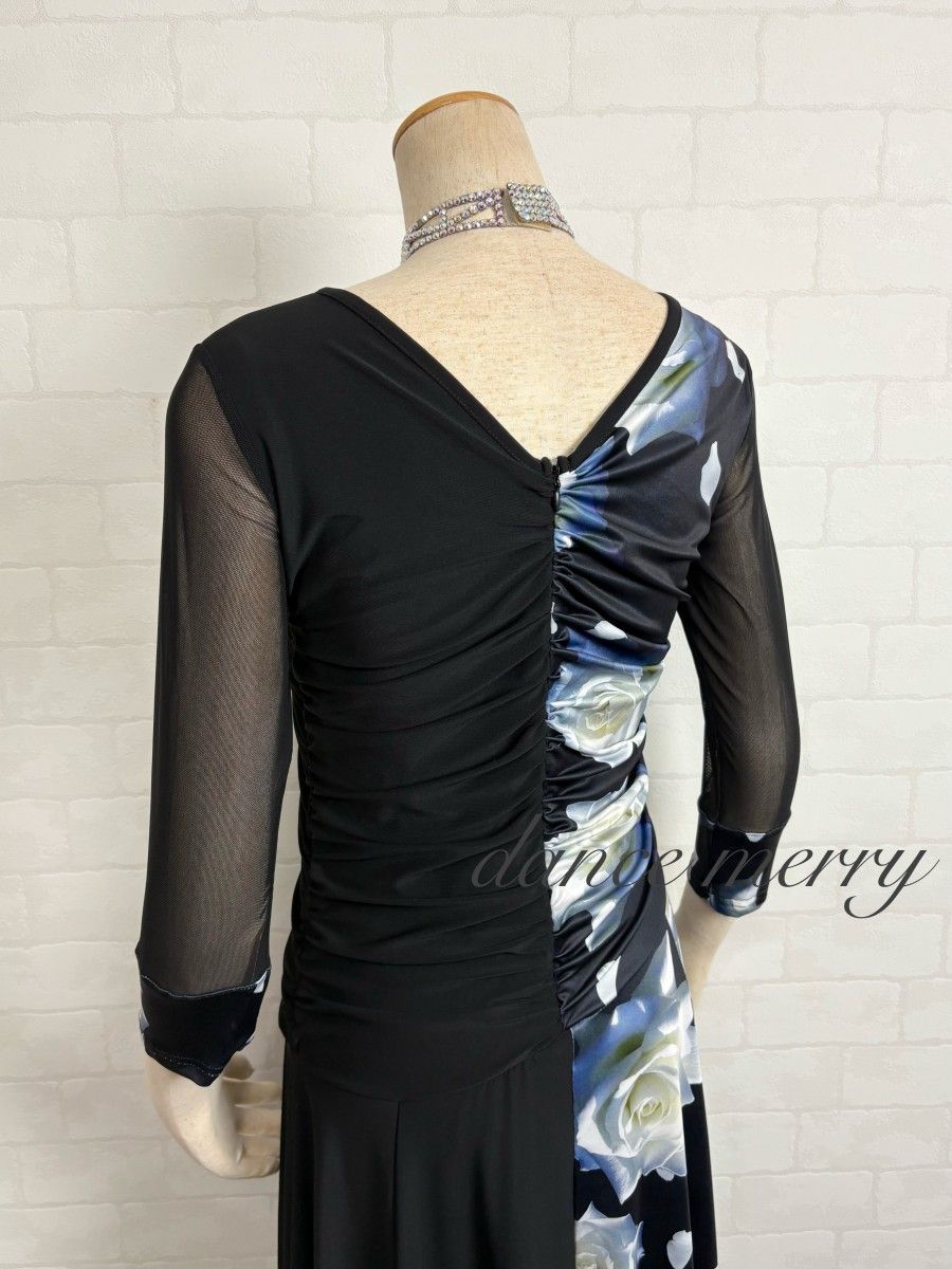 新品 社交ダンス ワンピース 黒 グレー 白 ギャザー パーティ 6582