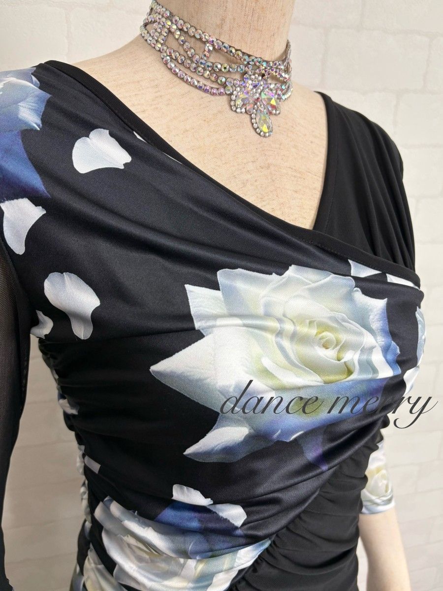 新品　社交ダンス　ワンピース　ギャザー　黒　白　グレー　パーティ　3119 新品 社交ダンス ワンピース ギャザー 黒 白 グレー パーティ 3119