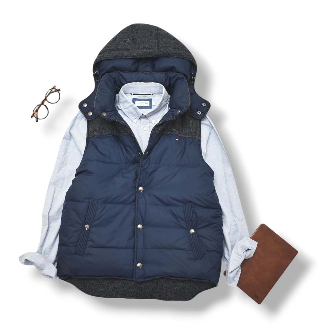 トミーヒルフィガー リバーシブル ダウン ベスト L ヘリンボーン