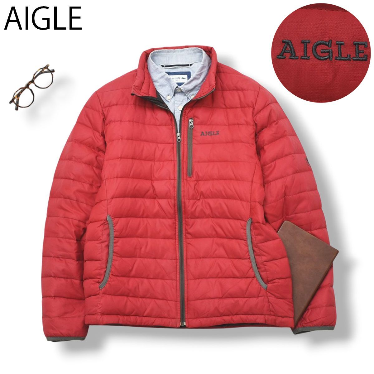 刺繍ロゴ】エーグル AIGLE ナイロン ダウン ジャケット M 赤 メンズ 