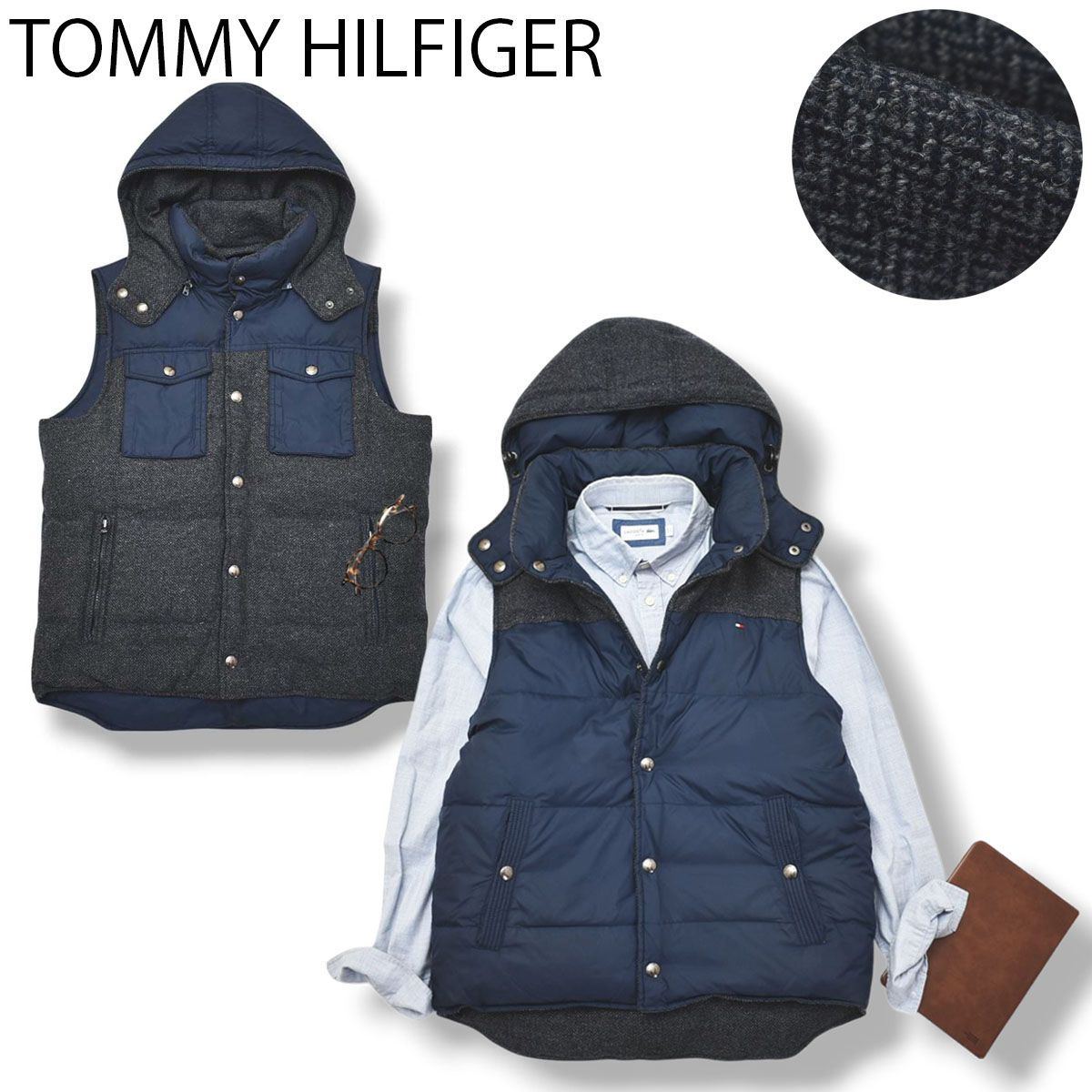トミーヒルフィガー変わり種ダウンベスト TOMMY HILFIGER（トミー・ヒルフィガー） チェック柄 ウールフェルト
