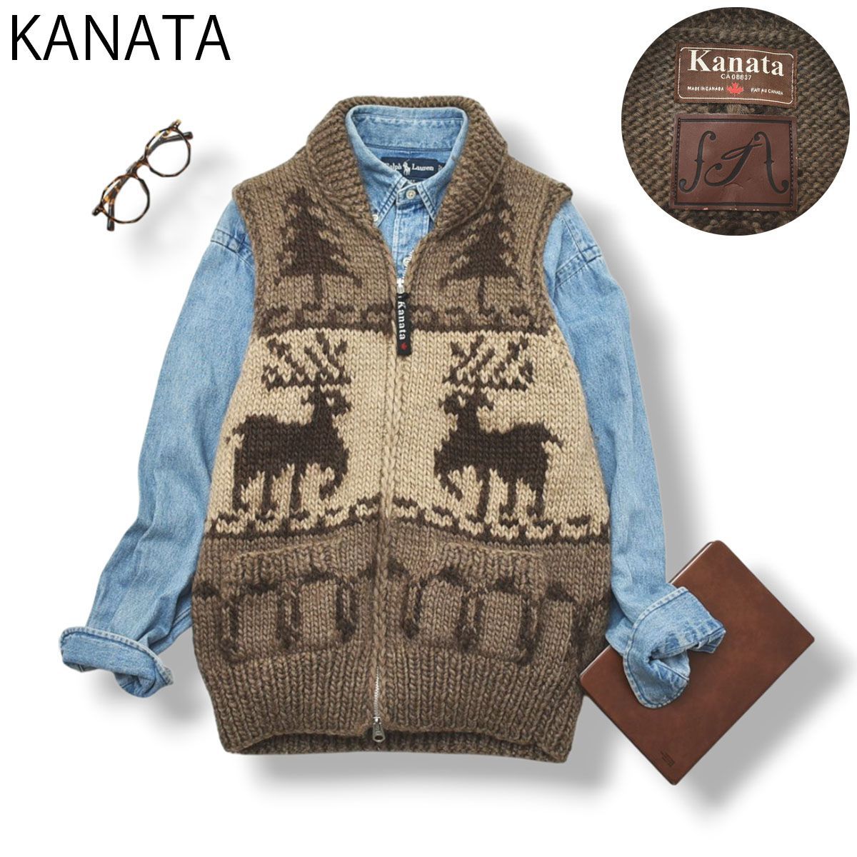 カナダ製 フロンエンタープライス カウチンニットベスト L相当 シロクマ カナダ製 フロンエンタープライス カウチンニットベスト L相当 シロクマ