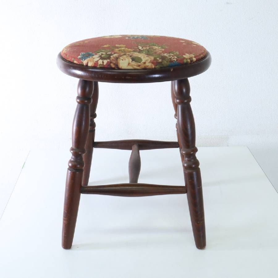 英国スタイル ヴィンテージ 木製スツール 花柄ファブリックシート 英国