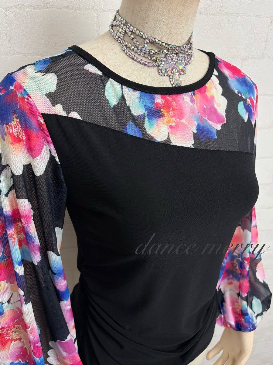 新品 社交ダンス トップス バルーン袖 黒 ピンク 青 パーティ 2272
