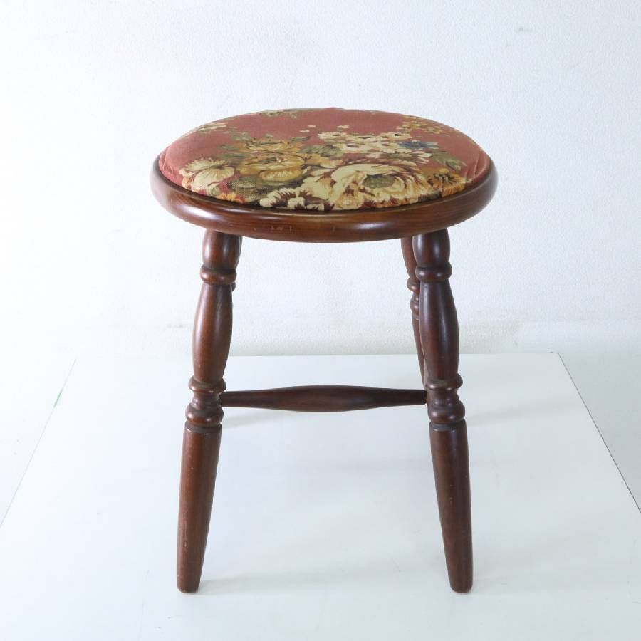 英国スタイル ヴィンテージ 木製スツール 花柄ファブリックシート 英国