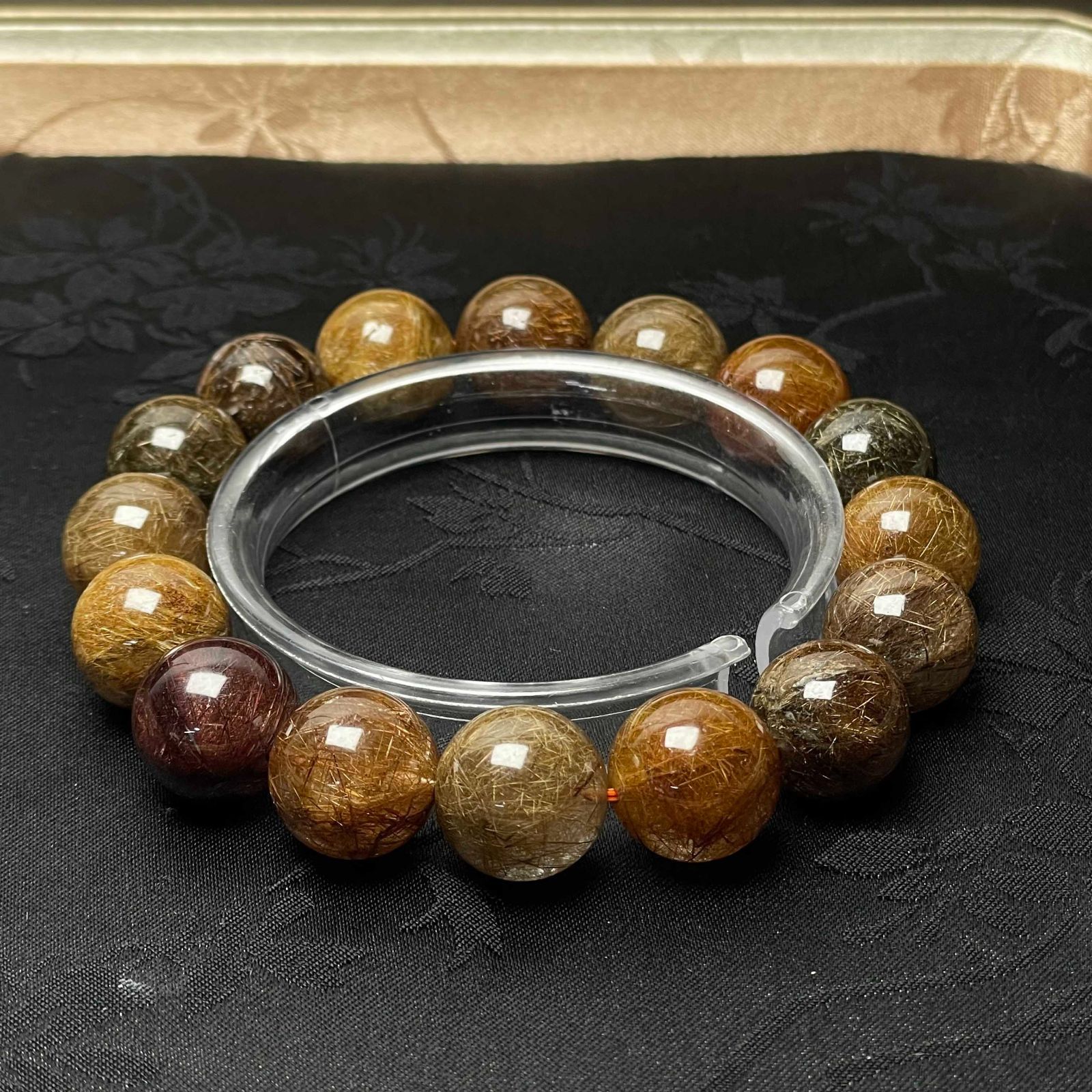 天然水晶 80 Aカラフルブラウンルチルクォーツ ブレスレット パワーストーン 天然石 金運 14 3 15 mm ZB 9941