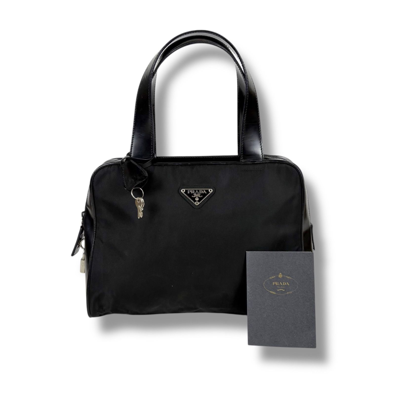 美品 プラダ ハンドバッグ ミニトート トライアングルロゴ ブラック ナイロン PRADA - 極美品 プラダ ハンドバッグ ミニトート トライアングルロゴ