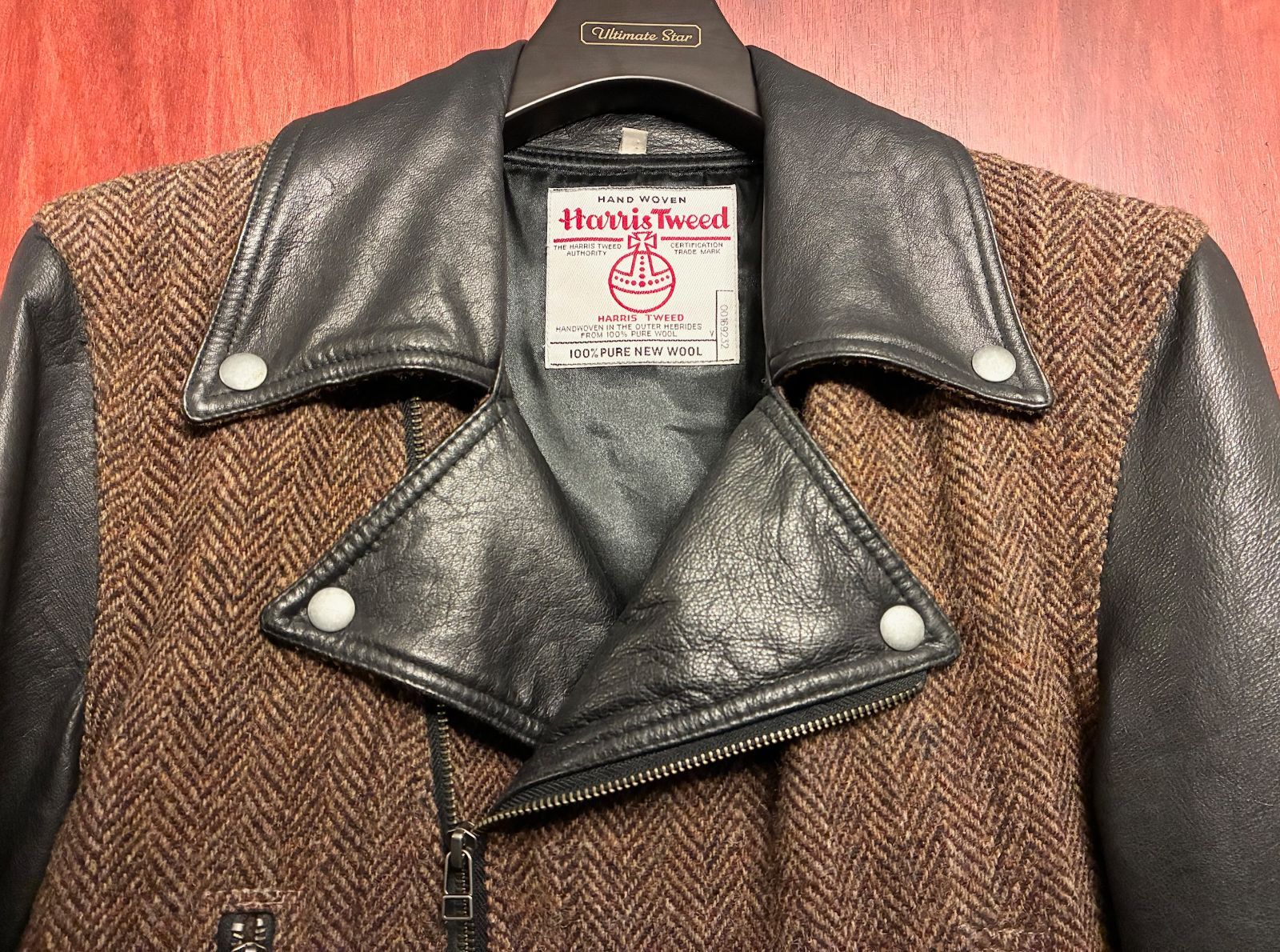 激レア MADE IN UK製 90s Harris Tweed 本革 レザーコンビ ダブル 