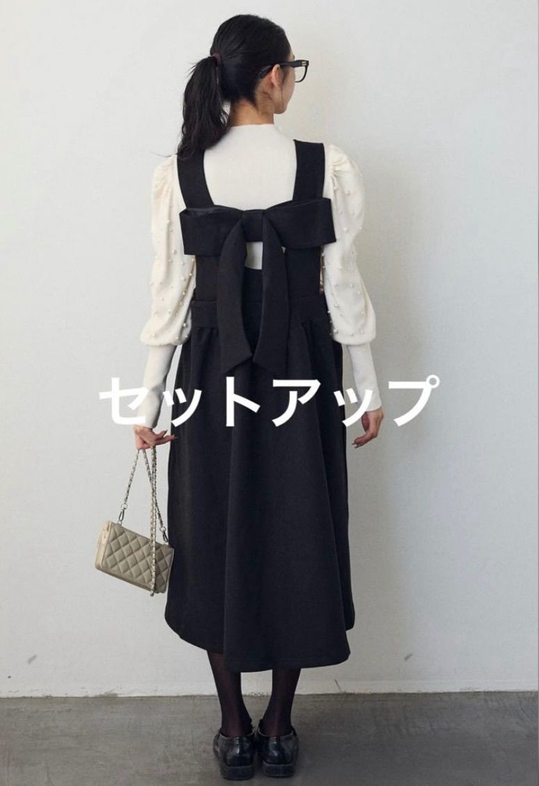 SET】パフスリーブランダムパールニット 白+バックリボンボックス