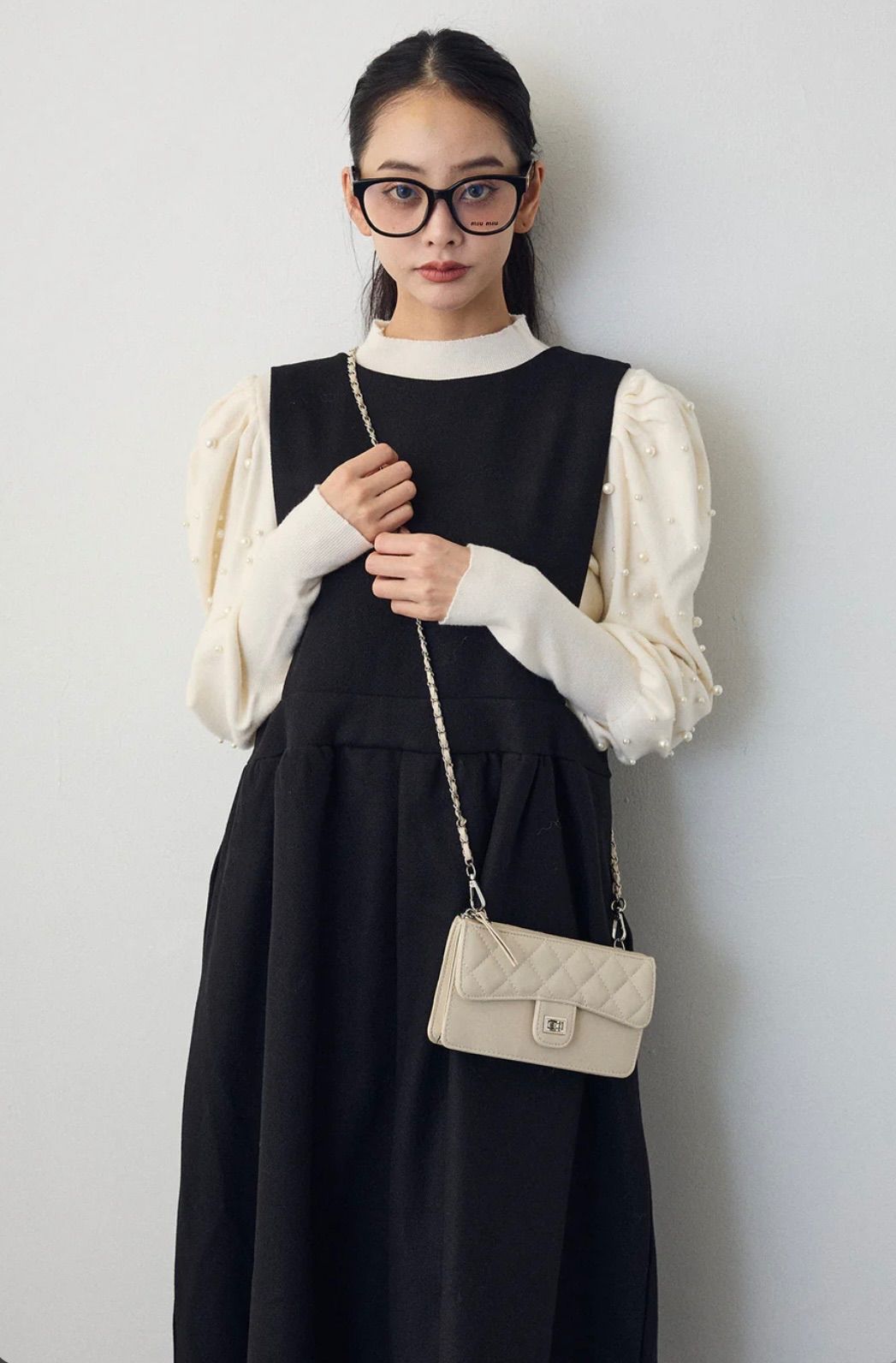 SET】パフスリーブランダムパールニット 白+バックリボンボックス