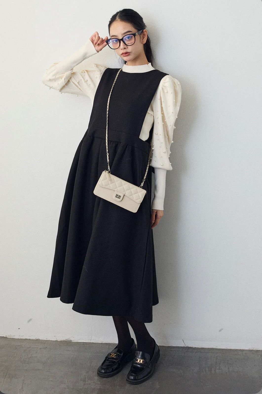 SET】パフスリーブランダムパールニット 白+バックリボンボックス