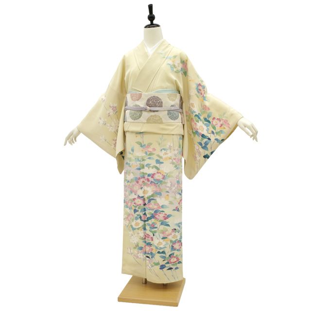 新古品】 訪問着 着物 フォーマル 未使用 正絹 袷 手描き友禅 薄黄色