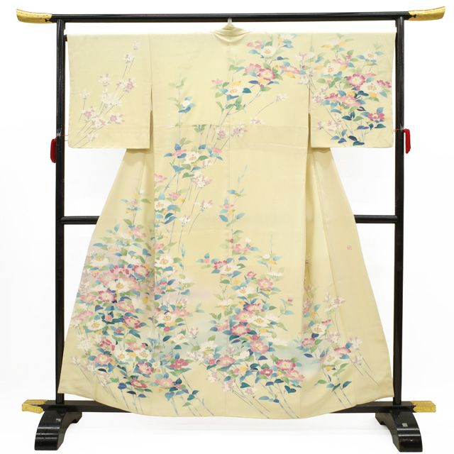 新古品】 訪問着 着物 フォーマル 未使用 正絹 袷 手描き友禅 薄黄色