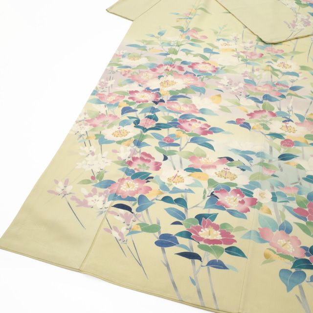 新古品】 訪問着 着物 フォーマル 未使用 正絹 袷 手描き友禅 薄黄色