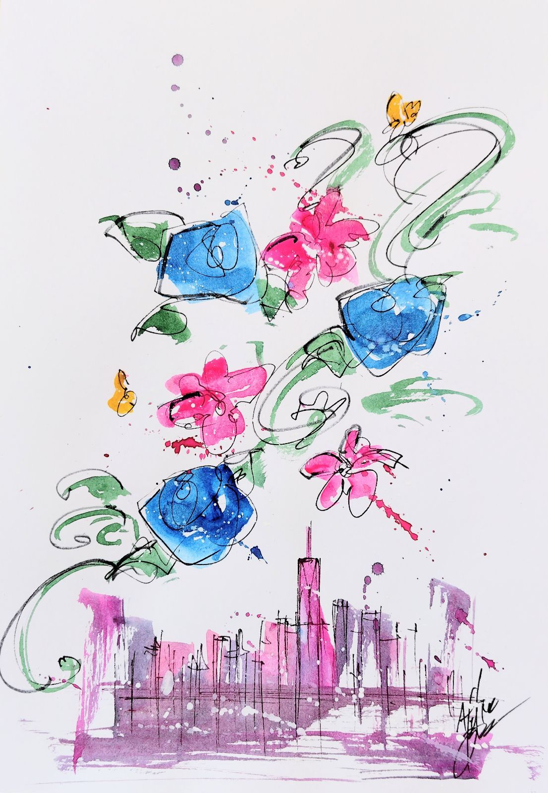 原画#113 薔薇 花 ニューヨーク 水彩画 ドローイング インテリア