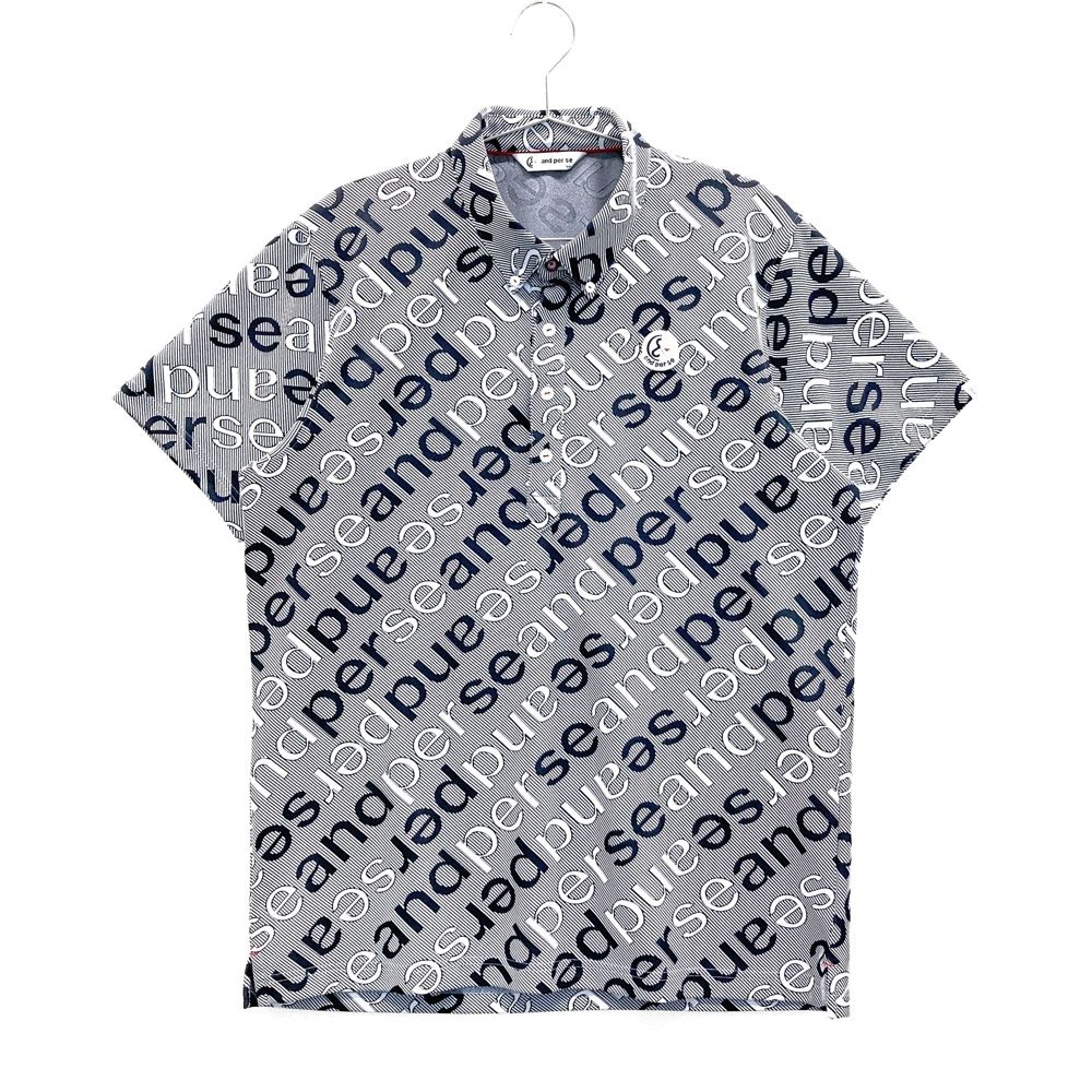 サイズ：LL AND PER SE アンパスィ 半袖ポロシャツ 総柄 ネイビー系