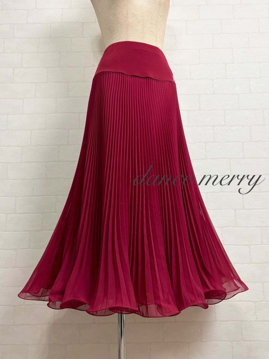 新品 プリーツ スカート 社交ダンス ワイン 赤 パーティ シフォン