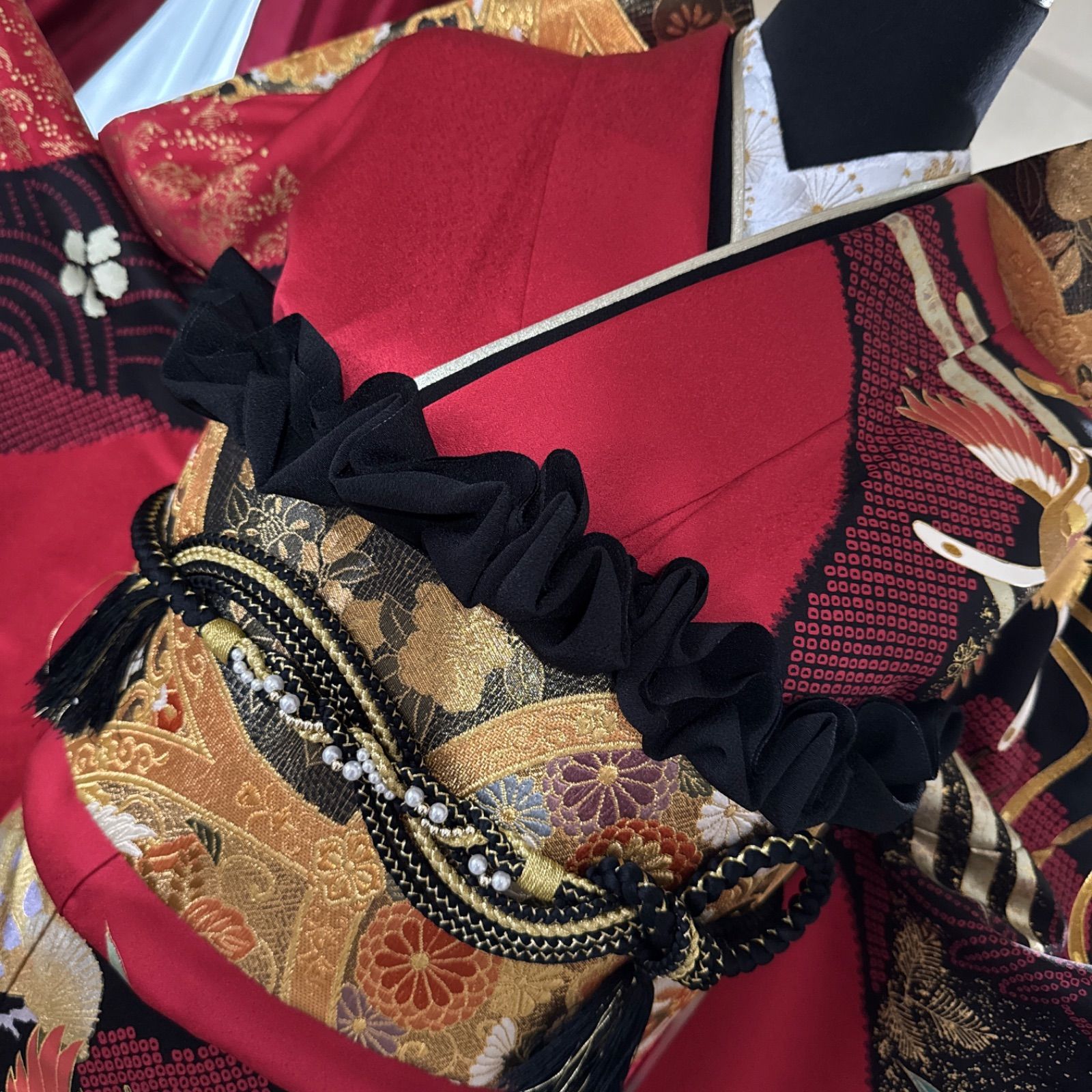 豪華振袖セット(4点)・袋帯・半衿・重ね衿・古典柄・鳳凰・御所車・藤