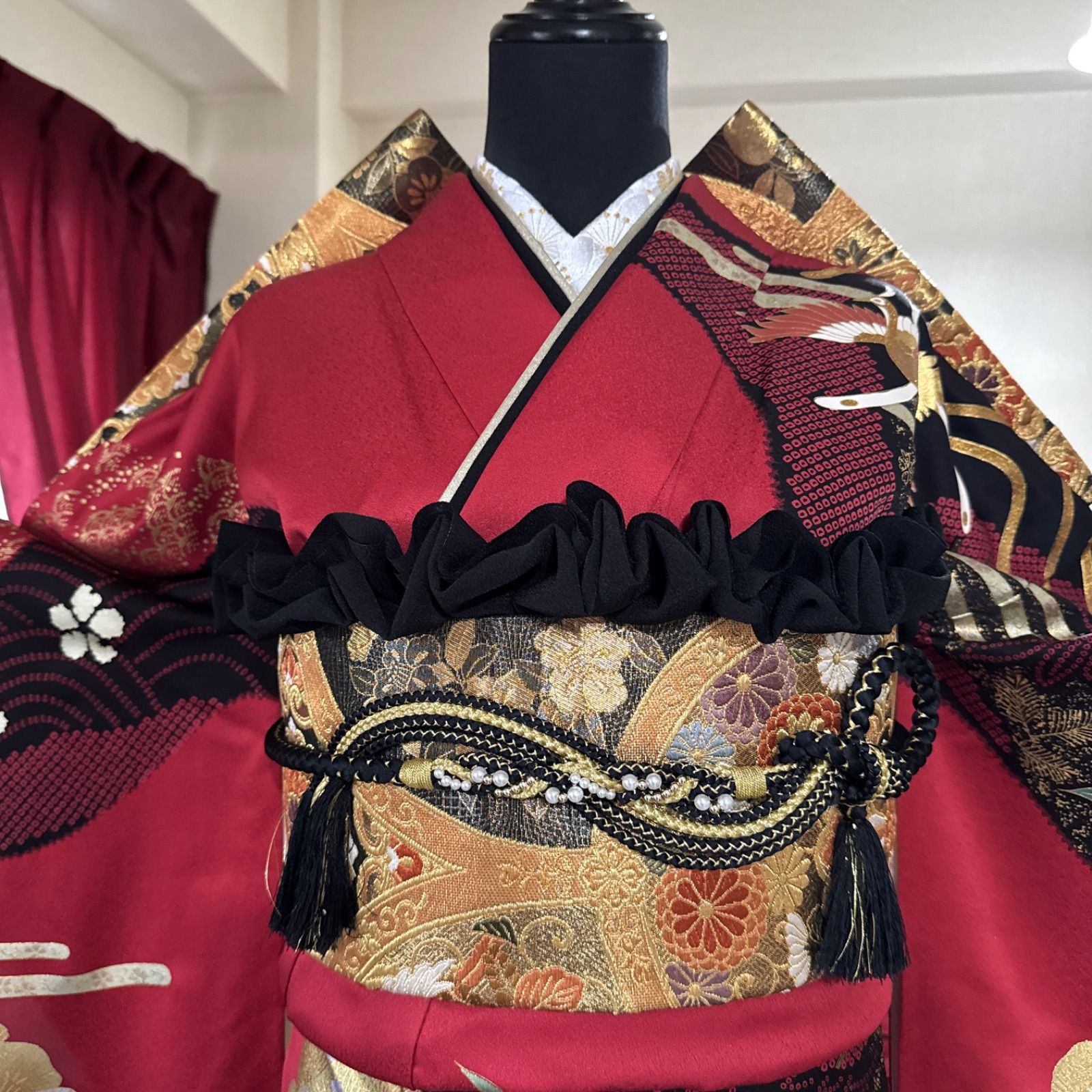 豪華振袖セット(4点)・袋帯・半衿・重ね衿・古典柄・鳳凰・御所車・藤