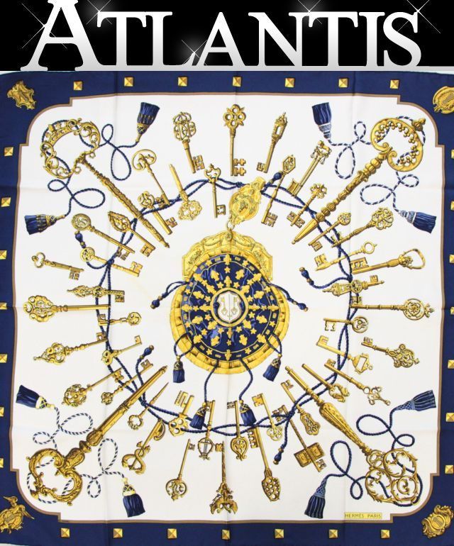 HERMES エルメス カレ90 鍵柄 LES CLES ネイビー スカーフ HERMES - エルメス HERMES スカーフ カレ90 LES CLES THE KEYS RARE(鍵