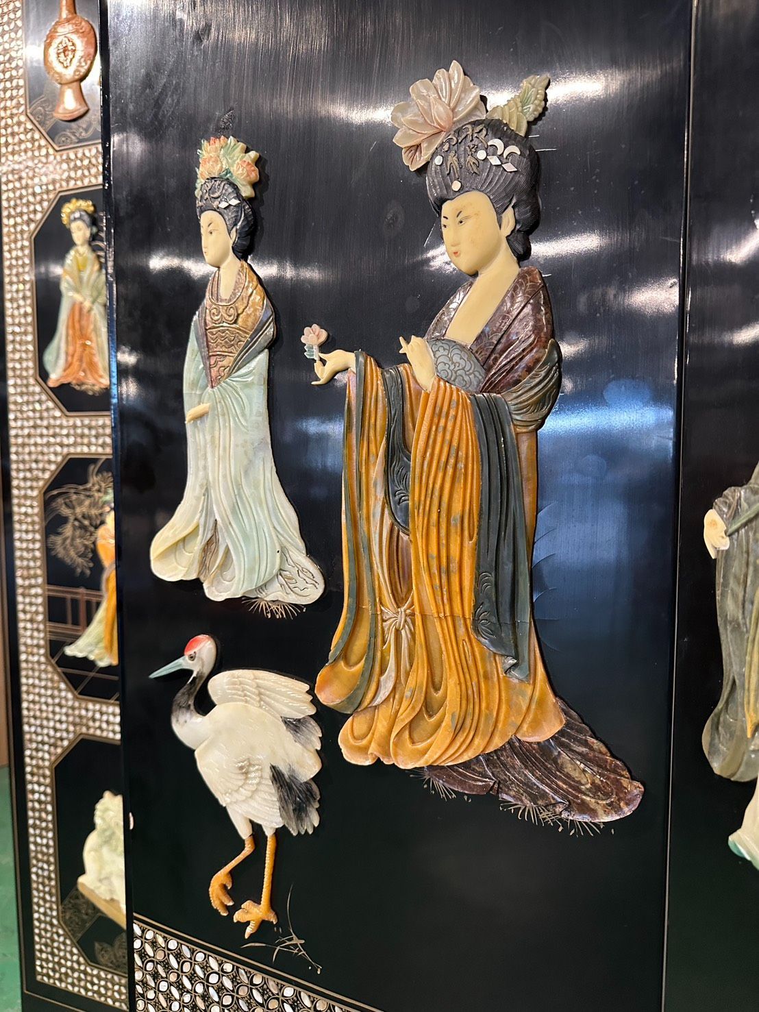 【貴重】中国美術　玉石、螺鈿細工 漆塗り、衝立、屏風、6連パーテ ーション 貴重】中国美術 玉石、螺鈿細工 漆塗り、衝立、屏風、6連パーテ