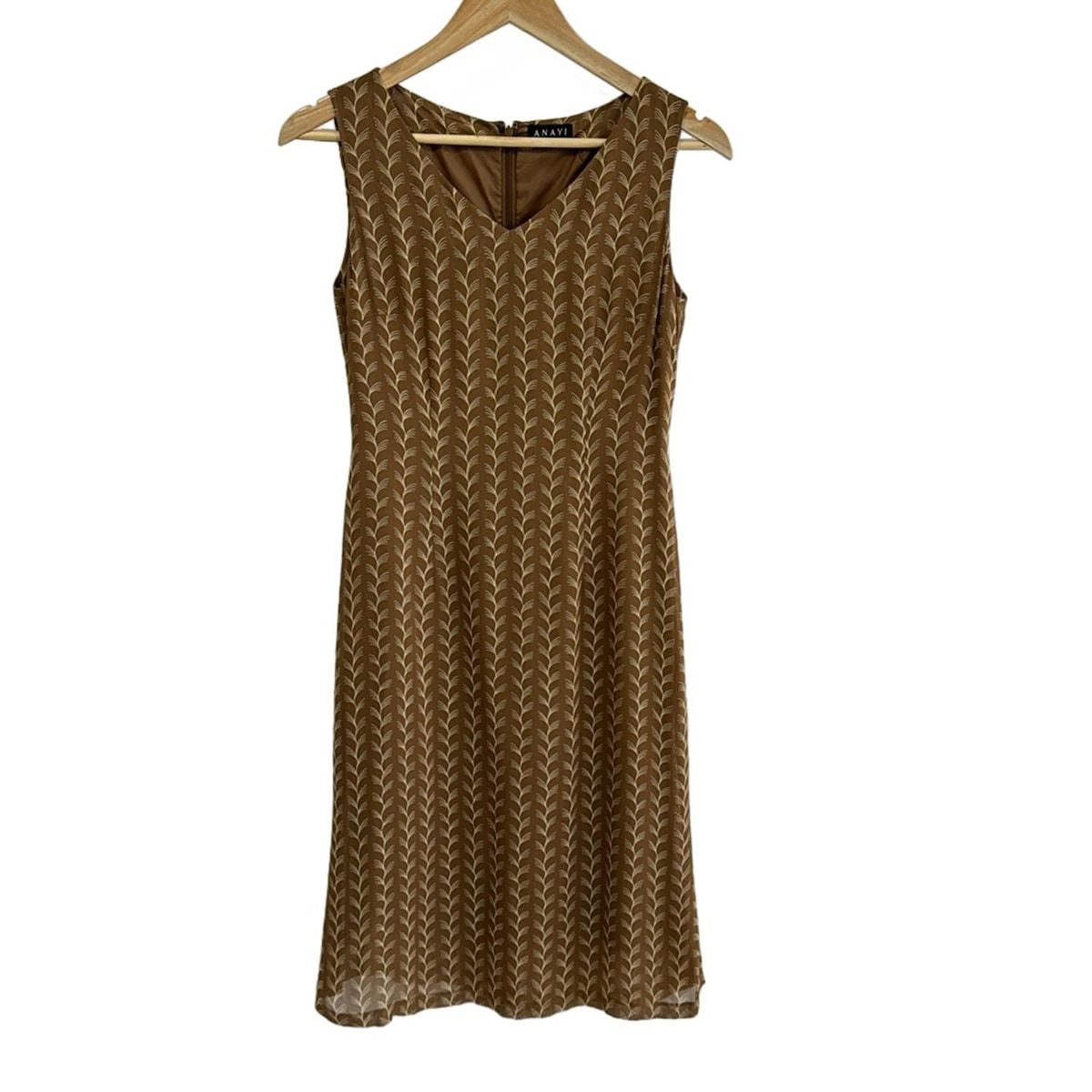 【美品】アナイ Vネック ノースリーブワンピース Aライン 36 総柄 ブラウン 美品】アナイ Vネック ノースリーブワンピース Aライン 36 総柄