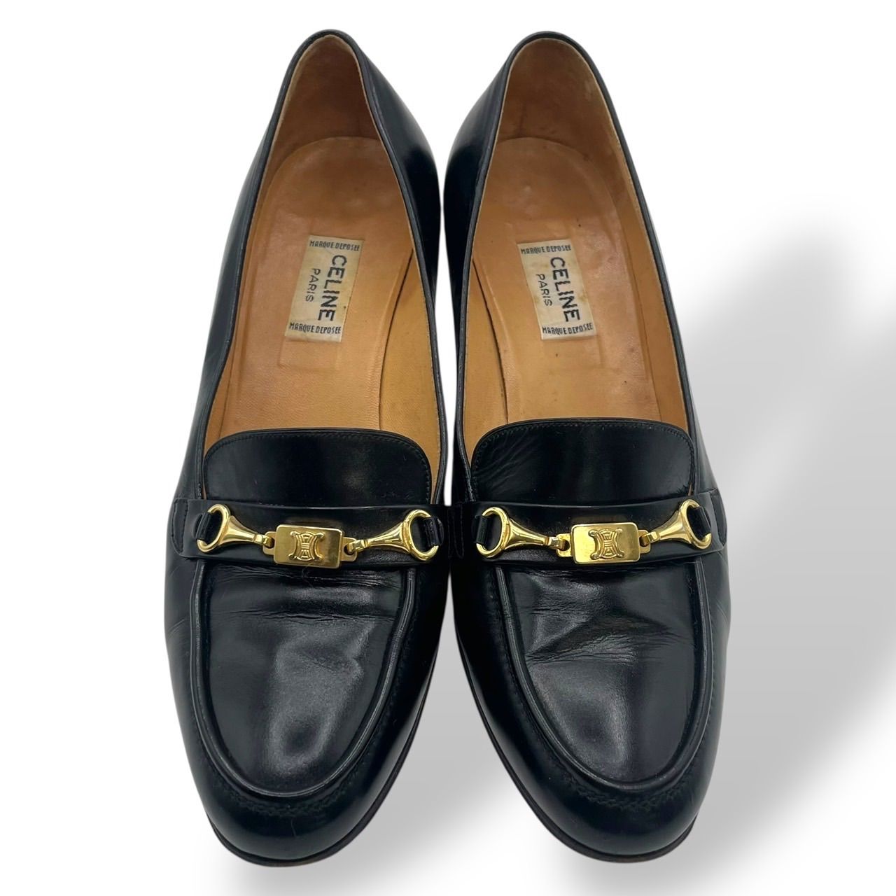 良品 セリーヌ レザー トリオンフ ロゴ ゴールド金具 ローファー ブラック CELINE - 美品 セリーヌ CELINE ローファー モカシン トリオンフ金具