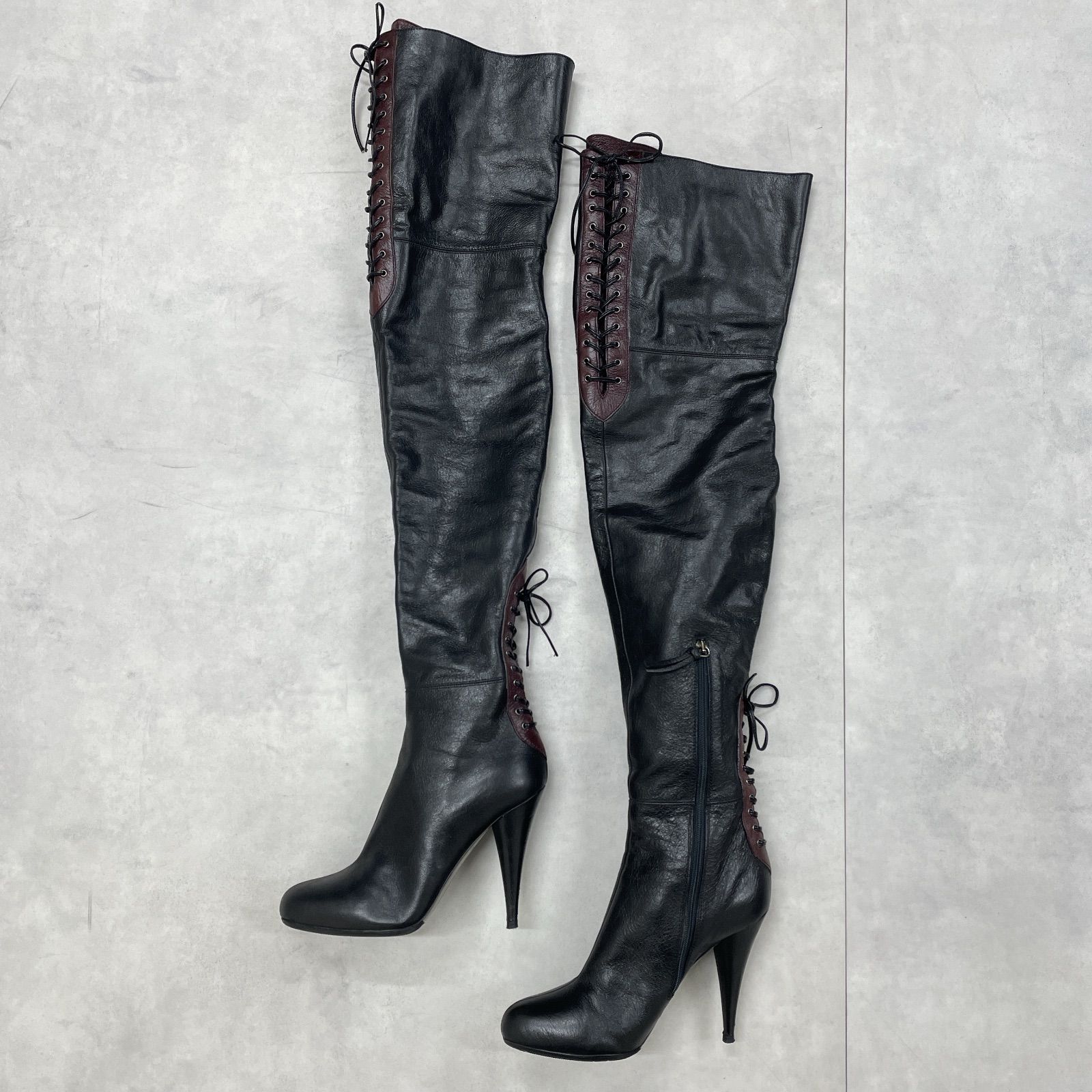 miumiu ロングブーツ サイドジップ リボン レザー ウィングチップ　37 miumiu ミュウミュウ レザーロングブーツ (MiuMiu/ロングブーツ