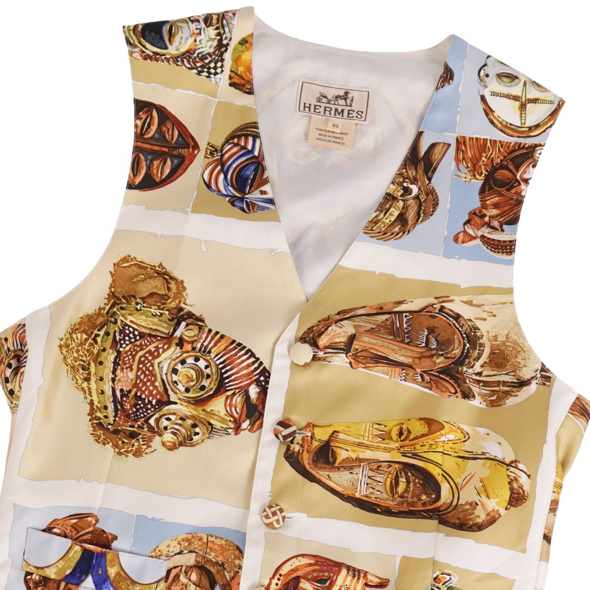 HERMES シルク　ジレ 美品 エルメス HERMES ベスト ジレ 総柄 シルク トップス レディース