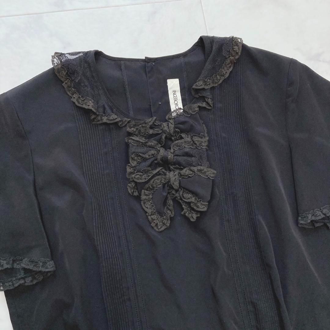 INGEBORG 半袖ブラウス フレア レース フリル リボン 背面ボタン 