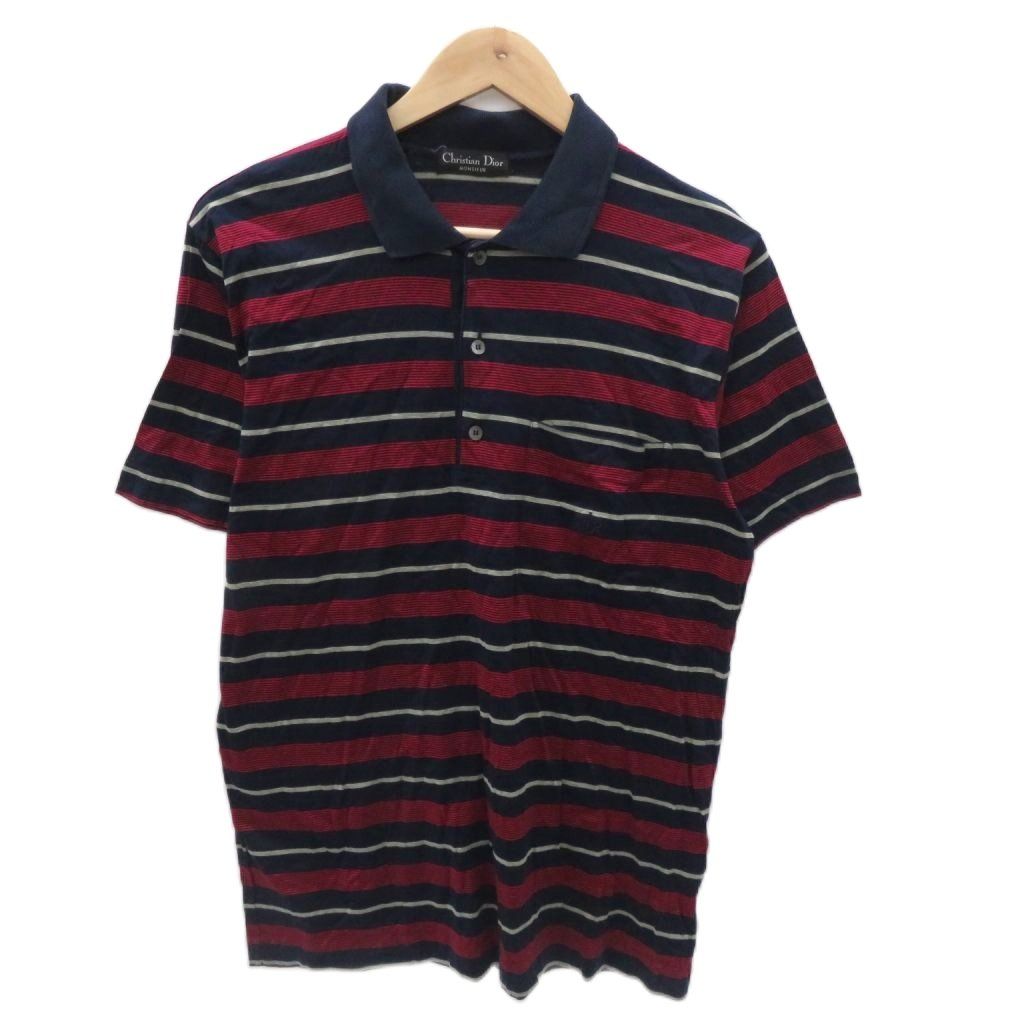 Christian Dior ロゴ 刺繍 ボーダー 半袖 ポロシャツ クリスチャンディオール Christian Dior ポロシャツ 半袖 ボーダー柄 M