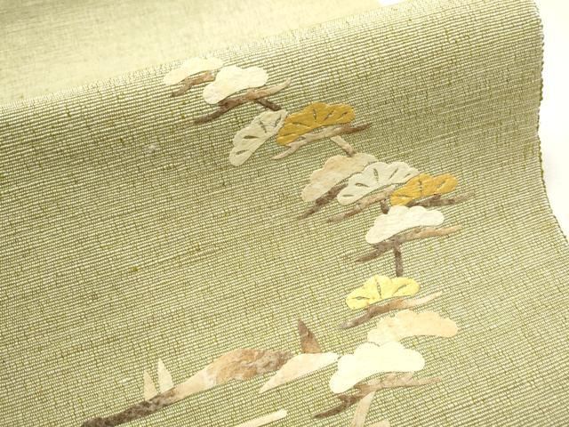 平和屋着物●蓑虫工芸作家　田尾笛秋　八寸名古屋帯　紬地　栗駒ぜんまい綿無地帯　枝松文　証紙付き　正絹　逸品　CABB5912hy 平和屋着物○蓑虫工芸作家 田尾笛秋 八寸名古屋帯 紬地 栗駒ぜんまい綿