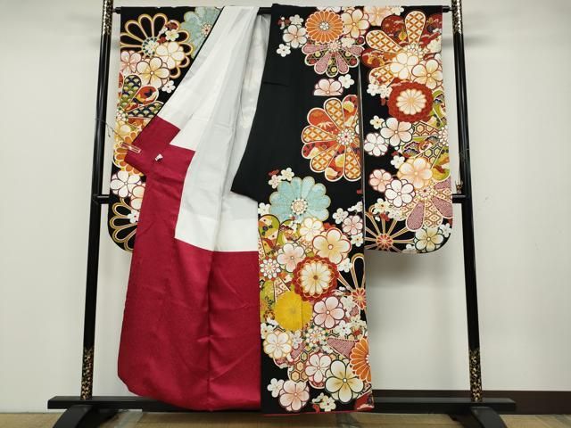 平和屋着物●豪華振袖　駒刺繍　枝梅文　黒地　金彩　正絹　逸品　CAAZ3400yc 平和屋着物○豪華振袖 駒刺繍 枝梅文 黒地 金彩 正絹 逸品 CAAZ3400yc