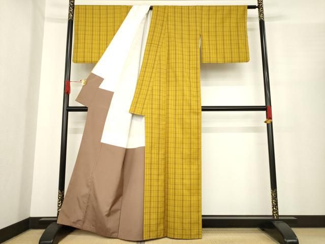 平和屋着物●山下八百子　本場黄八丈　格子　市松綾織　正絹　逸品　AABE9233ck 平和屋着物○山下八百子 本場黄八丈 格子 市松綾織 正絹 逸品