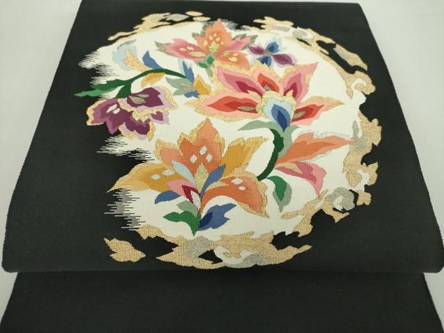 平和屋着物○爪掻き本綴れ 八寸名古屋帯 更紗花文 黒地 金銀糸 正絹