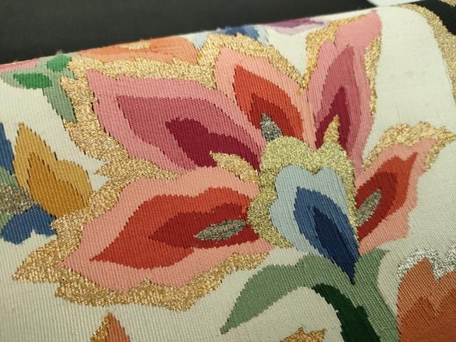 平和屋着物○爪掻き本綴れ 八寸名古屋帯 更紗花文 黒地 金銀糸 正絹