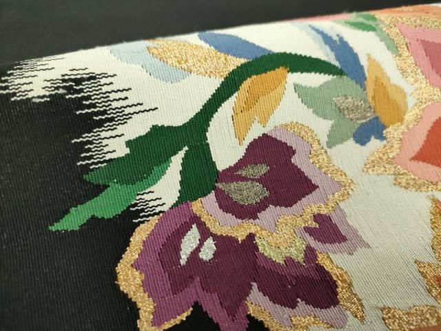 平和屋着物○爪掻き本綴れ 八寸名古屋帯 更紗花文 黒地 金銀糸 正絹