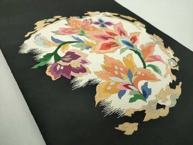 平和屋着物○爪掻き本綴れ 八寸名古屋帯 更紗花文 黒地 金銀糸 正絹