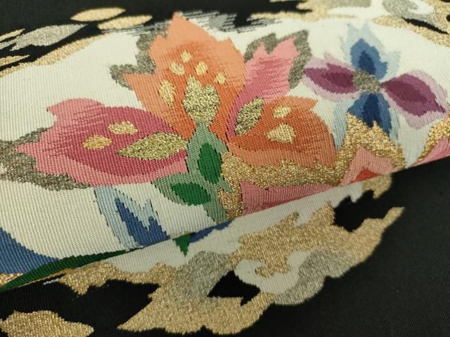 平和屋着物○爪掻き本綴れ 八寸名古屋帯 更紗花文 黒地 金銀糸 正絹
