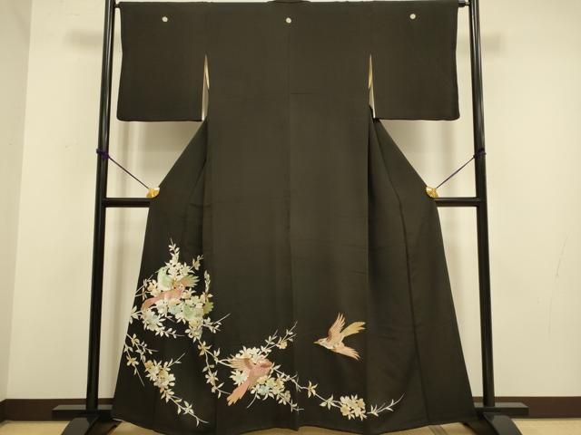 平和屋着物▽豪華黒留袖 刺繍 枝花に休み鳥 金彩 正絹 逸品 DAAZ5318du