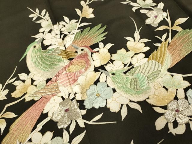 平和屋着物▽豪華黒留袖 刺繍 枝花に休み鳥 金彩 正絹 逸品 DAAZ5318du
