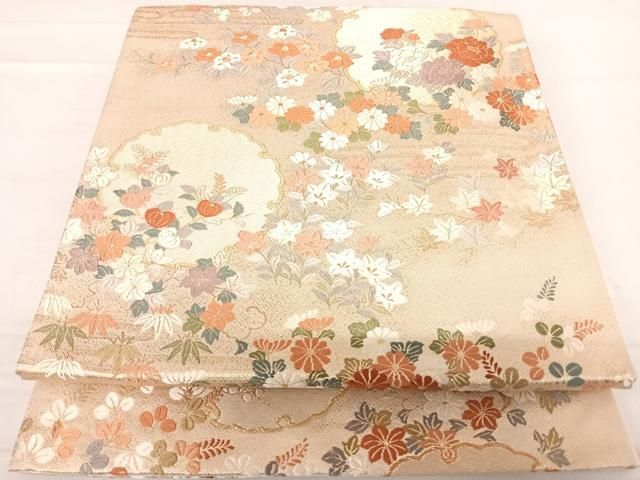 平和屋着物●両面　六通柄袋帯　唐織　鹿の子雪輪文　間道　正絹　逸品　DABA0427cm 平和屋着物◎六通柄袋帯 唐織 雪輪花文 金糸 正絹 逸品 AABD7198yx
