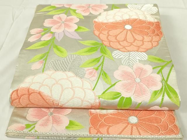 平和屋着物◎六通柄袋帯 唐織 吉祥花文 菊 銀糸 正絹 逸品 DAAZ9363qp