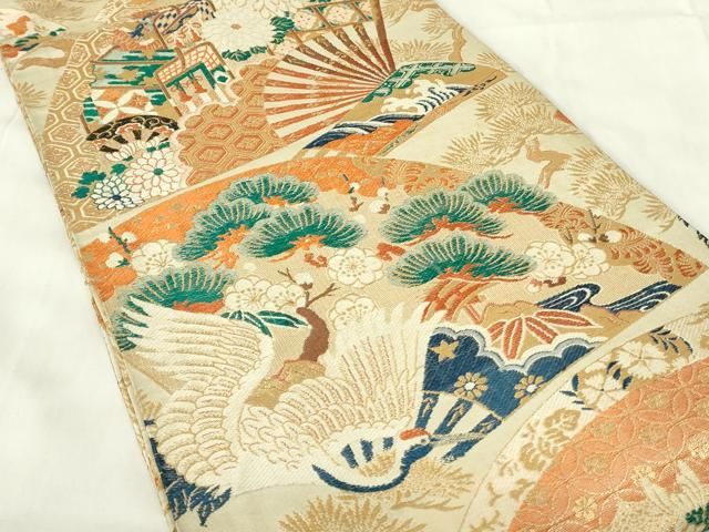 平和屋着物□大島織 丸帯 反物 唐織 貝桶飛鶴吉祥花文